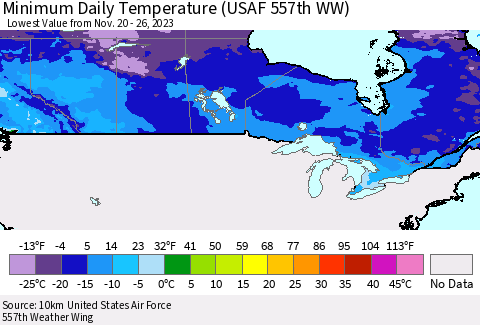 Canada Minimum Daily Temperature (USAF 557th WW) Thematic Map For 11/20/2023 - 11/26/2023