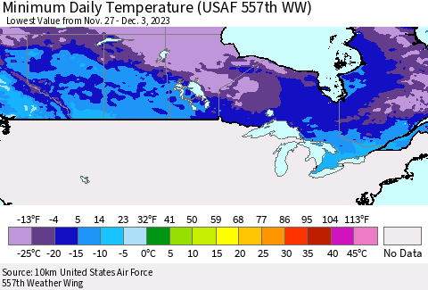 Canada Minimum Daily Temperature (USAF 557th WW) Thematic Map For 11/27/2023 - 12/3/2023