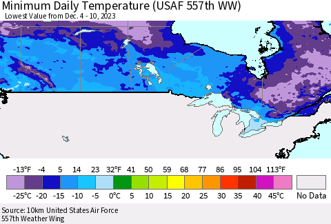 Canada Minimum Daily Temperature (USAF 557th WW) Thematic Map For 12/4/2023 - 12/10/2023