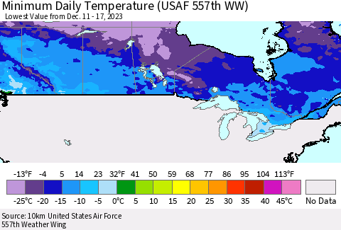 Canada Minimum Daily Temperature (USAF 557th WW) Thematic Map For 12/11/2023 - 12/17/2023