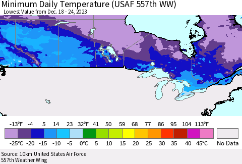 Canada Minimum Daily Temperature (USAF 557th WW) Thematic Map For 12/18/2023 - 12/24/2023