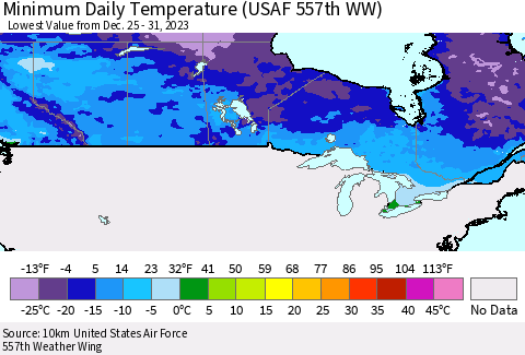 Canada Minimum Daily Temperature (USAF 557th WW) Thematic Map For 12/25/2023 - 12/31/2023