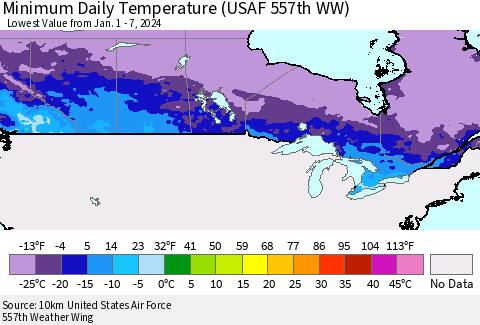 Canada Minimum Daily Temperature (USAF 557th WW) Thematic Map For 1/1/2024 - 1/7/2024