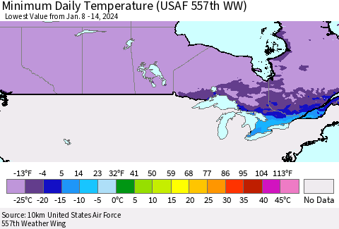 Canada Minimum Daily Temperature (USAF 557th WW) Thematic Map For 1/8/2024 - 1/14/2024