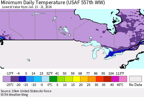 Canada Minimum Daily Temperature (USAF 557th WW) Thematic Map For 1/15/2024 - 1/21/2024