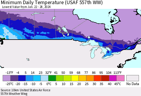 Canada Minimum Daily Temperature (USAF 557th WW) Thematic Map For 1/22/2024 - 1/28/2024