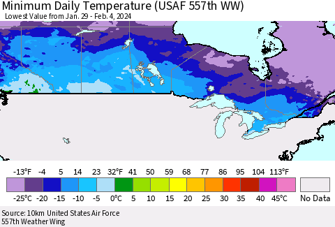 Canada Minimum Daily Temperature (USAF 557th WW) Thematic Map For 1/29/2024 - 2/4/2024