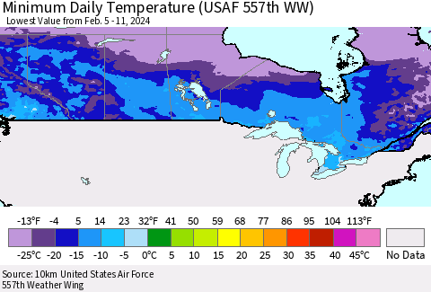 Canada Minimum Daily Temperature (USAF 557th WW) Thematic Map For 2/5/2024 - 2/11/2024
