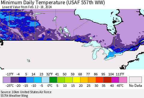 Canada Minimum Daily Temperature (USAF 557th WW) Thematic Map For 2/12/2024 - 2/18/2024