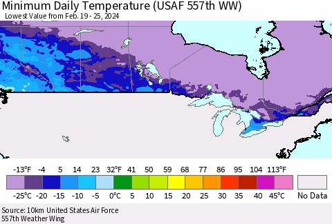 Canada Minimum Daily Temperature (USAF 557th WW) Thematic Map For 2/19/2024 - 2/25/2024
