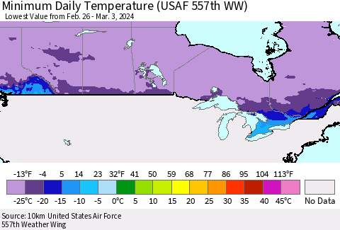 Canada Minimum Daily Temperature (USAF 557th WW) Thematic Map For 2/26/2024 - 3/3/2024