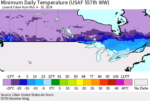 Canada Minimum Daily Temperature (USAF 557th WW) Thematic Map For 3/4/2024 - 3/10/2024
