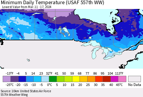 Canada Minimum Daily Temperature (USAF 557th WW) Thematic Map For 3/11/2024 - 3/17/2024