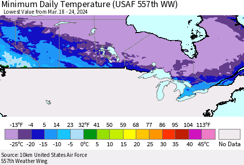 Canada Minimum Daily Temperature (USAF 557th WW) Thematic Map For 3/18/2024 - 3/24/2024