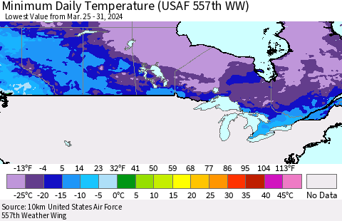 Canada Minimum Daily Temperature (USAF 557th WW) Thematic Map For 3/25/2024 - 3/31/2024