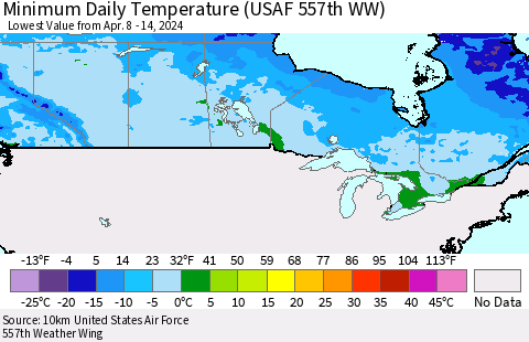 Canada Minimum Daily Temperature (USAF 557th WW) Thematic Map For 4/8/2024 - 4/14/2024