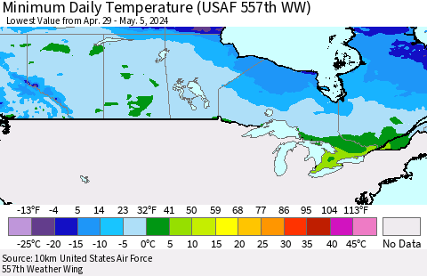 Canada Minimum Daily Temperature (USAF 557th WW) Thematic Map For 4/29/2024 - 5/5/2024