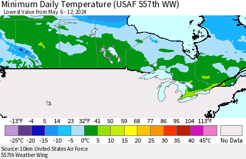 Canada Minimum Daily Temperature (USAF 557th WW) Thematic Map For 5/6/2024 - 5/12/2024