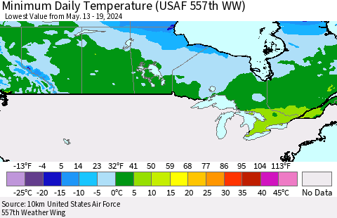 Canada Minimum Daily Temperature (USAF 557th WW) Thematic Map For 5/13/2024 - 5/19/2024