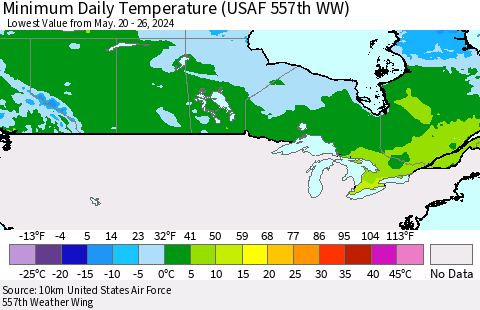 Canada Minimum Daily Temperature (USAF 557th WW) Thematic Map For 5/20/2024 - 5/26/2024