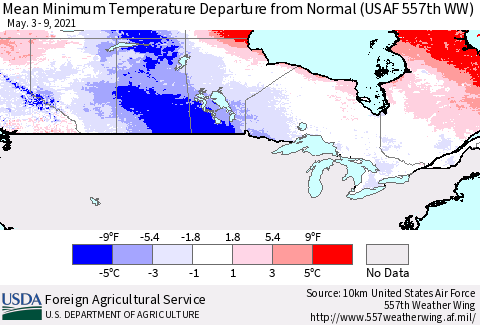 Canada Mean Minimum Temperature Departure from Normal (USAF 557th WW) Thematic Map For 5/3/2021 - 5/9/2021