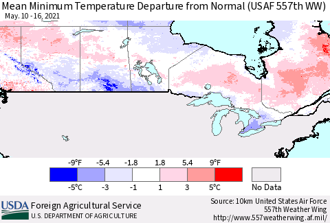 Canada Mean Minimum Temperature Departure from Normal (USAF 557th WW) Thematic Map For 5/10/2021 - 5/16/2021