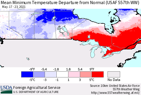 Canada Mean Minimum Temperature Departure from Normal (USAF 557th WW) Thematic Map For 5/17/2021 - 5/23/2021