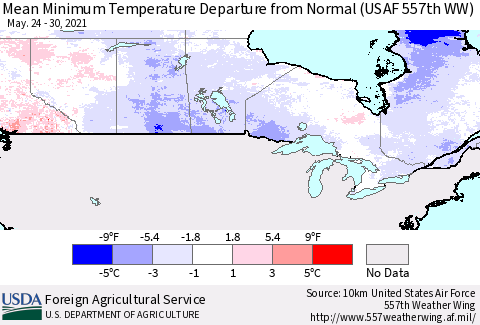 Canada Mean Minimum Temperature Departure from Normal (USAF 557th WW) Thematic Map For 5/24/2021 - 5/30/2021
