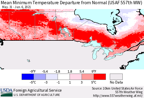 Canada Mean Minimum Temperature Departure from Normal (USAF 557th WW) Thematic Map For 5/31/2021 - 6/6/2021