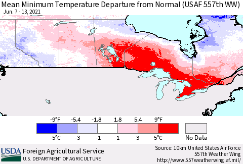 Canada Mean Minimum Temperature Departure from Normal (USAF 557th WW) Thematic Map For 6/7/2021 - 6/13/2021