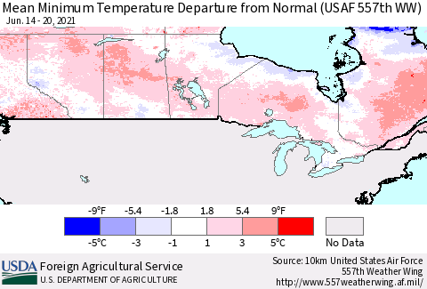 Canada Mean Minimum Temperature Departure from Normal (USAF 557th WW) Thematic Map For 6/14/2021 - 6/20/2021