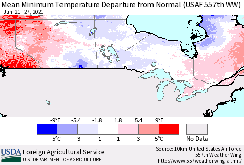 Canada Mean Minimum Temperature Departure from Normal (USAF 557th WW) Thematic Map For 6/21/2021 - 6/27/2021