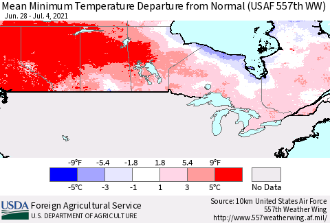 Canada Mean Minimum Temperature Departure from Normal (USAF 557th WW) Thematic Map For 6/28/2021 - 7/4/2021