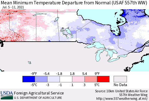 Canada Mean Minimum Temperature Departure from Normal (USAF 557th WW) Thematic Map For 7/5/2021 - 7/11/2021