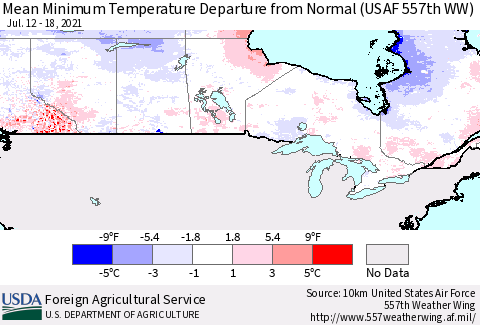 Canada Mean Minimum Temperature Departure from Normal (USAF 557th WW) Thematic Map For 7/12/2021 - 7/18/2021
