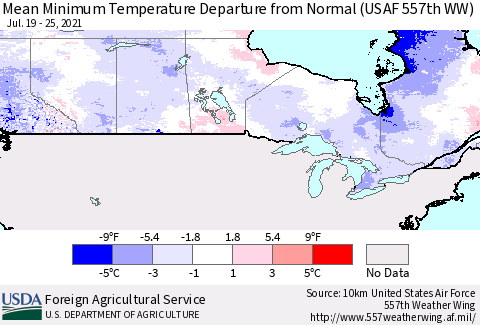 Canada Mean Minimum Temperature Departure from Normal (USAF 557th WW) Thematic Map For 7/19/2021 - 7/25/2021
