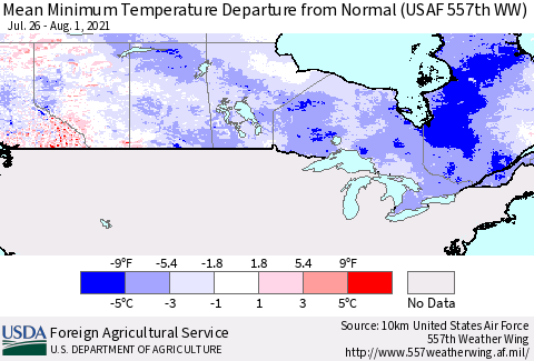Canada Mean Minimum Temperature Departure from Normal (USAF 557th WW) Thematic Map For 7/26/2021 - 8/1/2021