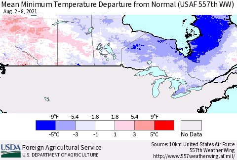 Canada Mean Minimum Temperature Departure from Normal (USAF 557th WW) Thematic Map For 8/2/2021 - 8/8/2021