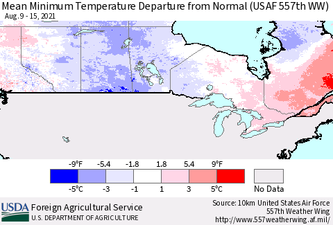 Canada Mean Minimum Temperature Departure from Normal (USAF 557th WW) Thematic Map For 8/9/2021 - 8/15/2021