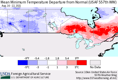 Canada Mean Minimum Temperature Departure from Normal (USAF 557th WW) Thematic Map For 8/16/2021 - 8/22/2021