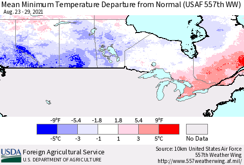 Canada Mean Minimum Temperature Departure from Normal (USAF 557th WW) Thematic Map For 8/23/2021 - 8/29/2021