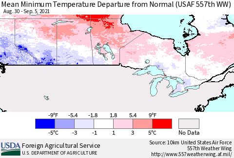 Canada Mean Minimum Temperature Departure from Normal (USAF 557th WW) Thematic Map For 8/30/2021 - 9/5/2021