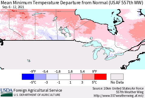 Canada Mean Minimum Temperature Departure from Normal (USAF 557th WW) Thematic Map For 9/6/2021 - 9/12/2021