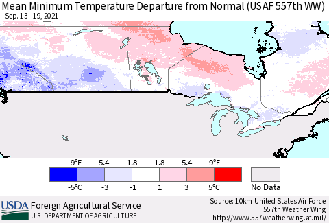 Canada Mean Minimum Temperature Departure from Normal (USAF 557th WW) Thematic Map For 9/13/2021 - 9/19/2021