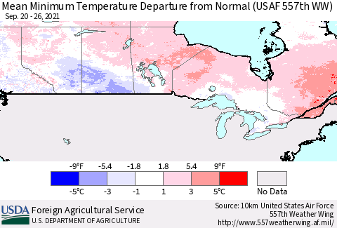 Canada Mean Minimum Temperature Departure from Normal (USAF 557th WW) Thematic Map For 9/20/2021 - 9/26/2021