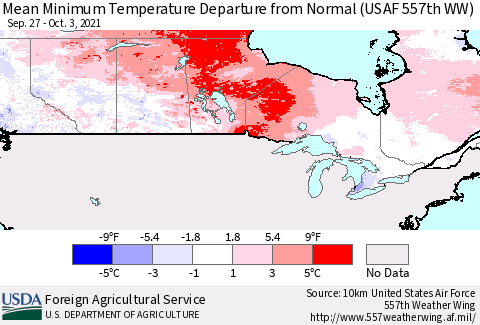 Canada Mean Minimum Temperature Departure from Normal (USAF 557th WW) Thematic Map For 9/27/2021 - 10/3/2021