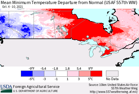 Canada Mean Minimum Temperature Departure from Normal (USAF 557th WW) Thematic Map For 10/4/2021 - 10/10/2021