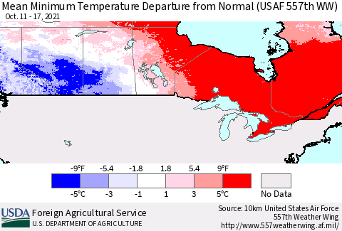 Canada Mean Minimum Temperature Departure from Normal (USAF 557th WW) Thematic Map For 10/11/2021 - 10/17/2021