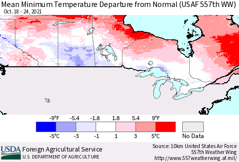 Canada Mean Minimum Temperature Departure from Normal (USAF 557th WW) Thematic Map For 10/18/2021 - 10/24/2021