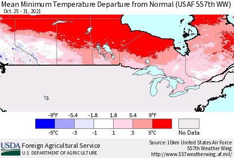 Canada Mean Minimum Temperature Departure from Normal (USAF 557th WW) Thematic Map For 10/25/2021 - 10/31/2021